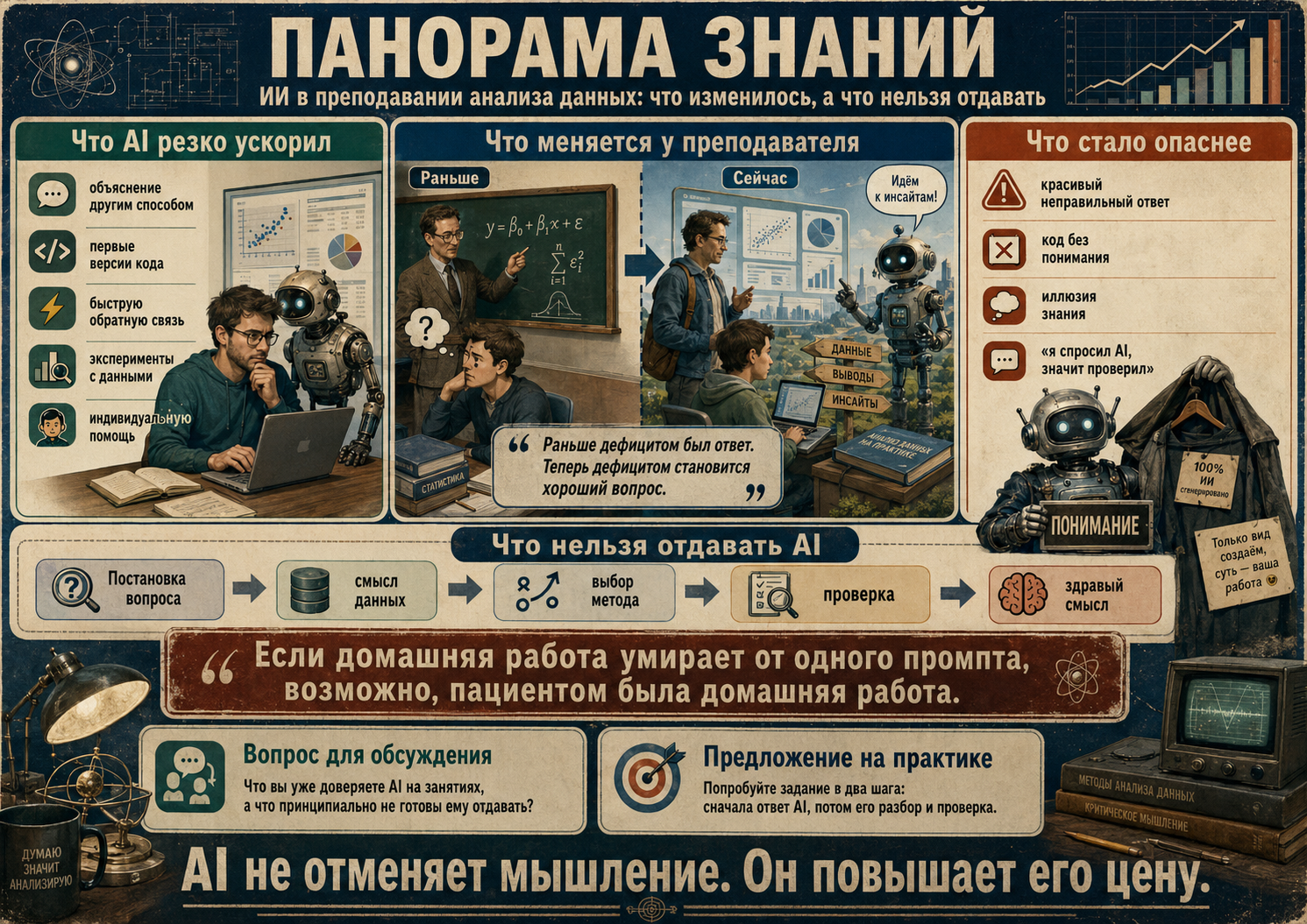 Панорама знаний по статье: ИИ в преподавании анализа данных — что он ускоряет, что меняется у преподавателя, что становится опаснее и что нельзя отдавать AI.